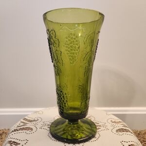 Indiana Glass Avocado Green 9.75" Vase With Embossed Grape & Leaf Pattern